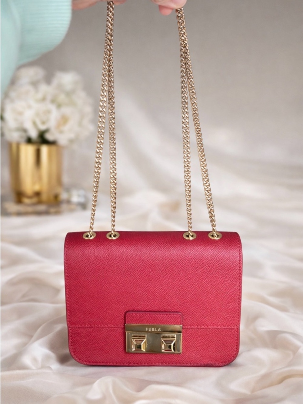 Furla Metropolis Red Saffiano Leather Chain Crossbody - LIKE NEW